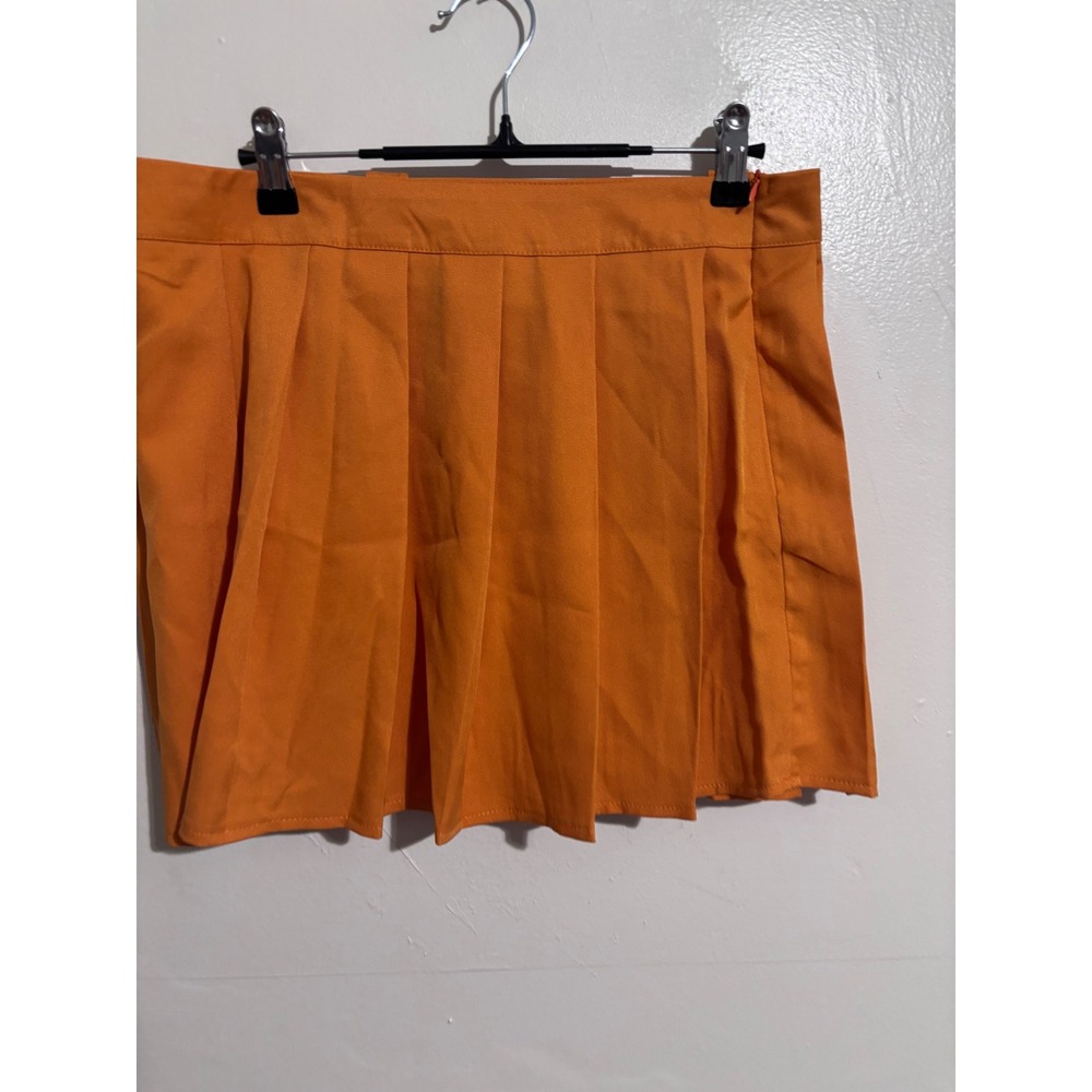 Orange Pleated Mini Skirt, Schoolgirl Style Women's Fashion Skirt large side zip